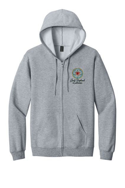 Good Shepherd Lutheran Rose Floral Embroidered Softstyle® Midweight Fleece Full-Zip Hooded Sweatshirt
