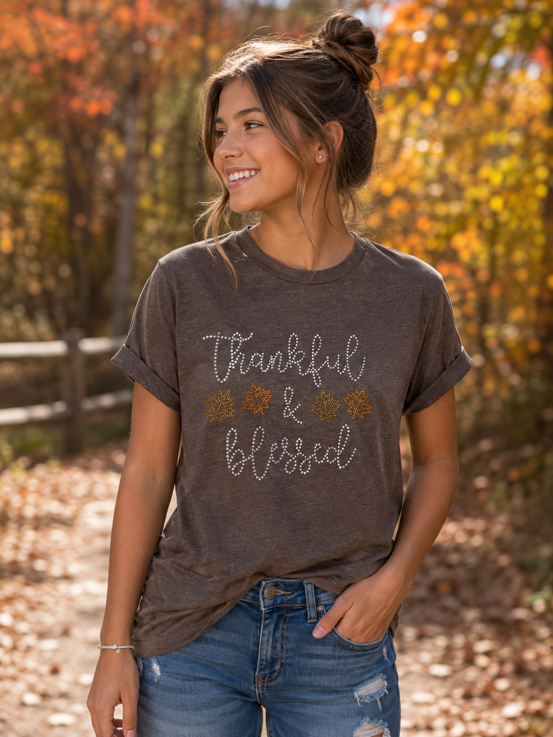 Thankful & Blessed Rhinestone Ladies Tee