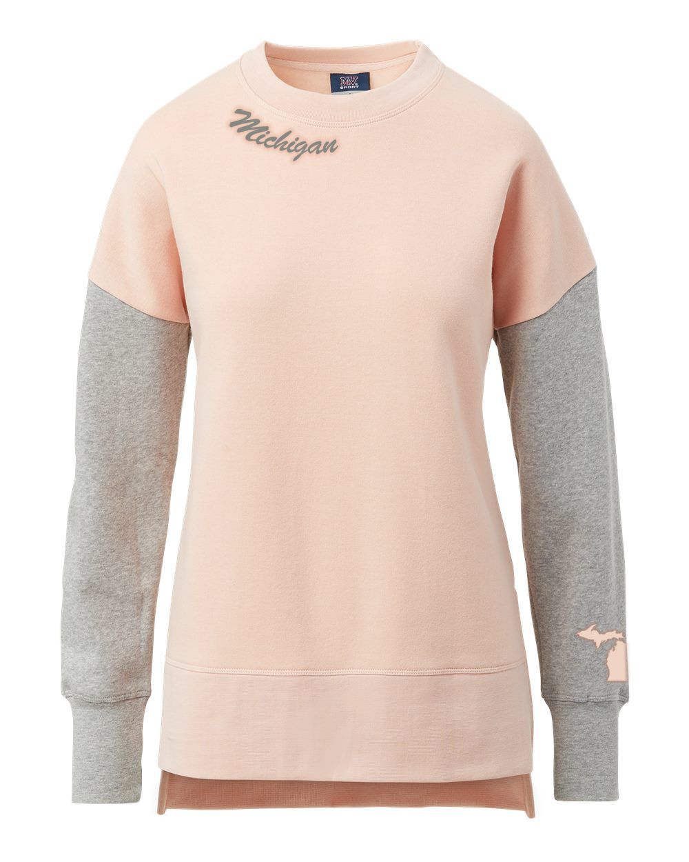 Coral Michigan Script Women's Cloud Fleece Colorblocked Crewneck Sweatshirt