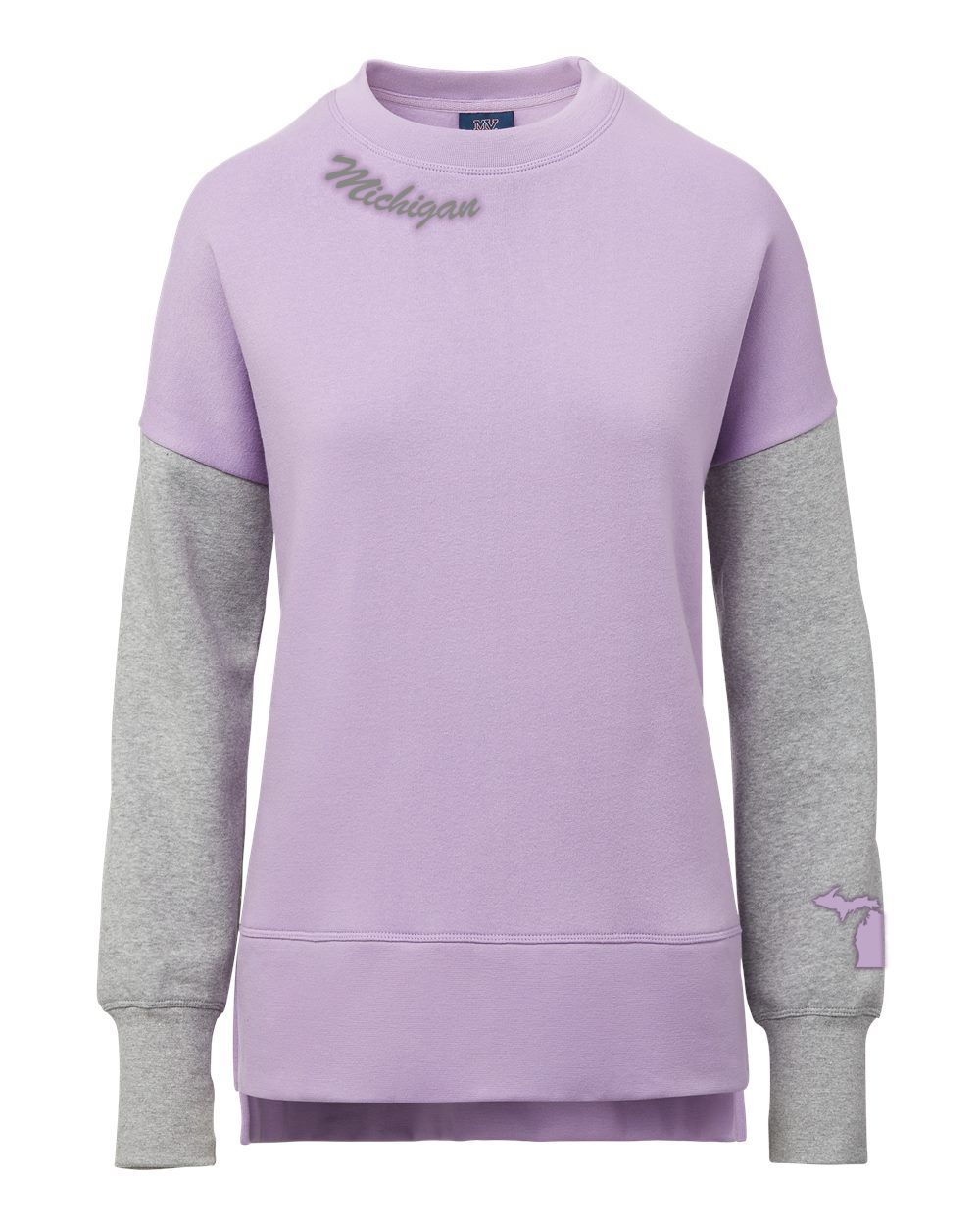 Purple Michigan Script Women's Cloud Fleece Colorblocked Crewneck Sweatshirt