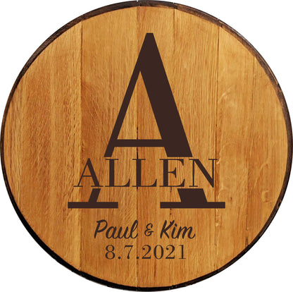 Custom Laser Engraved Whiskey Barrel Lid - Initial